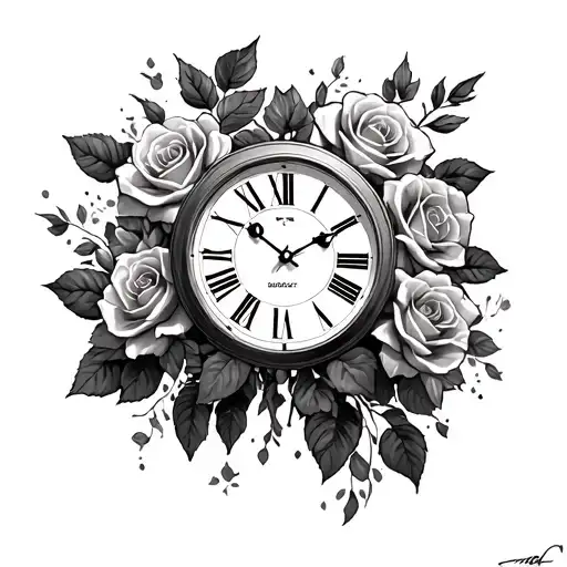 greek mythology, favela, clock, roses tattoo design idea