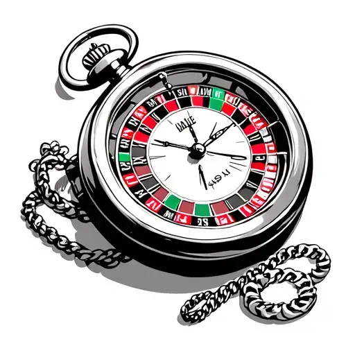 Roulette wheel and pocket watch with the time 1:45pm tattoo design idea
