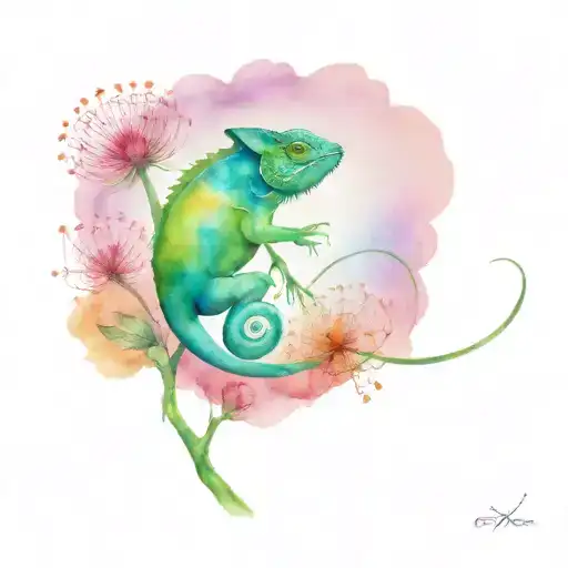 Chameleon climbing a dandelion tattoo design idea