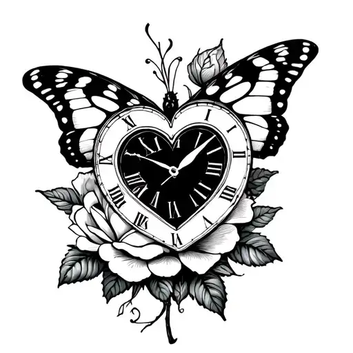 A blackwork tattoo featuring a butterfly and rose with a heart-shaped elegant clock at 11:23 serving as the centerpiece of the design tattoo design idea