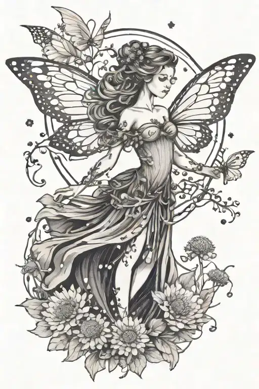 whimsical fairy with wings standing near dandelions tattoo design idea