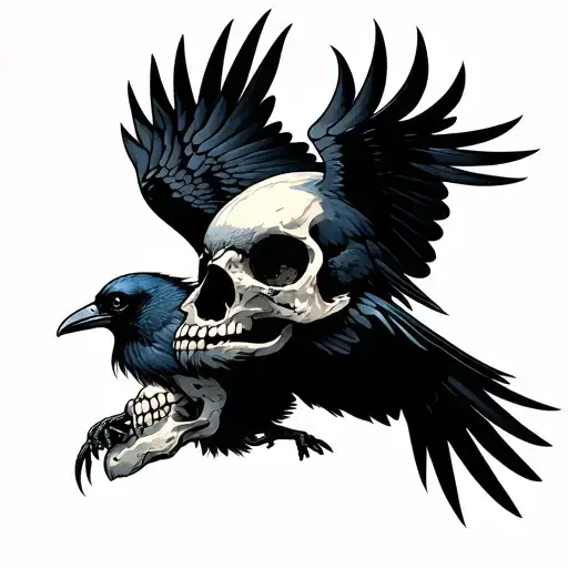 flying crow holding skull tattoo design idea