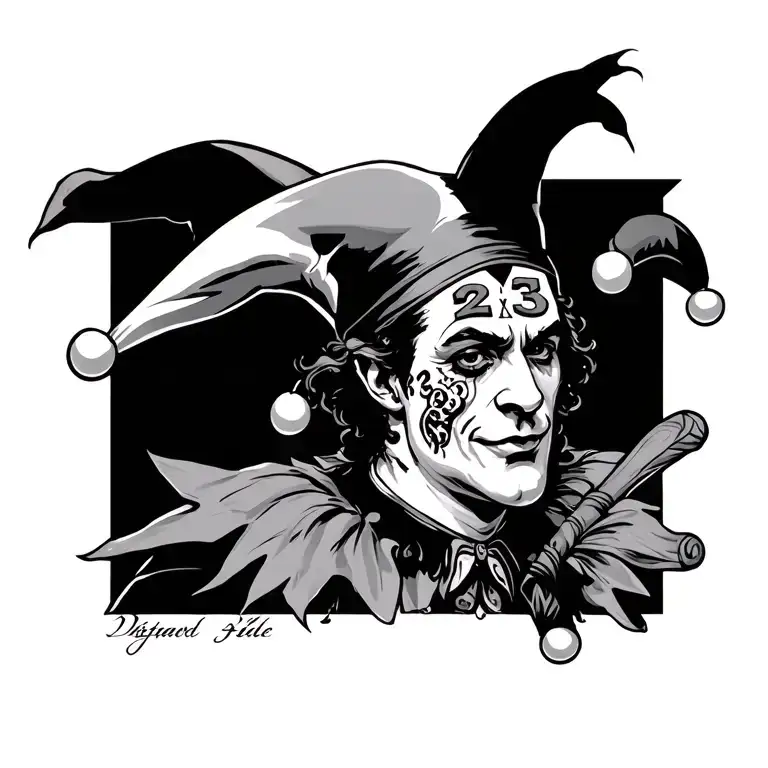 a jester with a fether in his cap and the number 23 tattood on his face  tattoo design idea