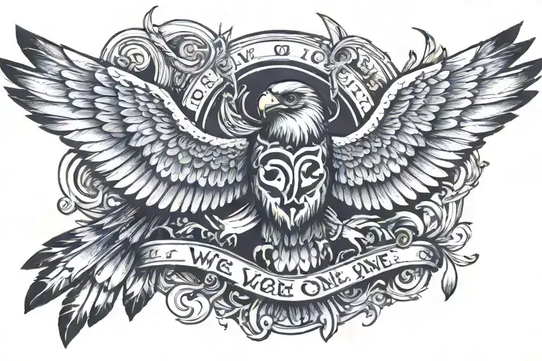 a falcon with wide open wings holding a book with "we are one" written on the cover tattoo design idea