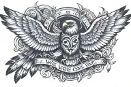 a falcon with wide open wings holding a book with "we are one" written on the cover tattoo design idea