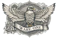a falcon with wide open wings holding a book with "we are one" written on the cover tattoo design idea