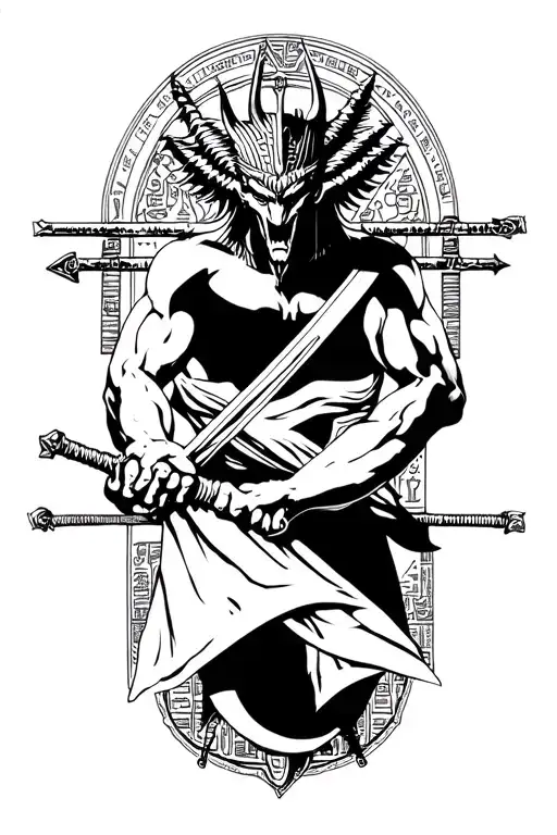 ""Pisces God of Hell"" demon neshemiron in full growth with swords in his hands crossed whit Osiris Egipt  God  full growth  tattoo design idea