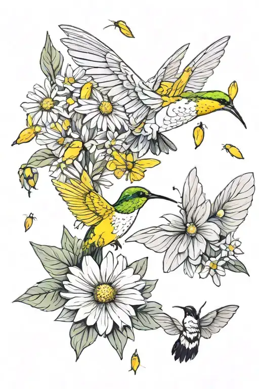 white daisy yellow butterfly hummingbirds flying tattoo design idea