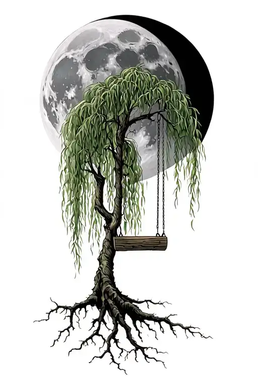 simple weeping willow tree with a empty swing hanging from a branch with long deep roots with a full moon tattoo design idea