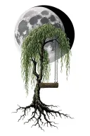 simple weeping willow tree with a empty swing hanging from a branch with long deep roots with a full moon tattoo design idea