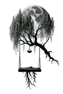simple weeping willow tree with a empty swing hanging from a branch with long deep roots with a full moon tattoo design idea