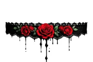 woman's lace choker dripping blood and adorned with roses and flowers  tattoo design idea
