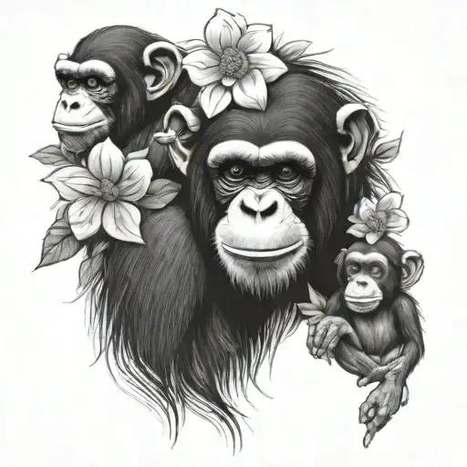chimp family of 6 with flower's  tattoo design idea