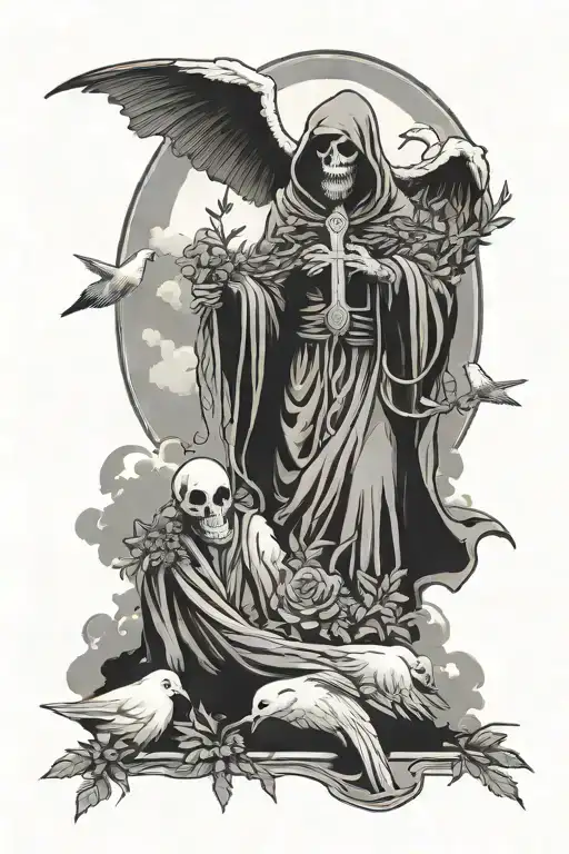 grim reaper praying holding rosemary with doves at the top, clouds all around and 3 crosses somewhere tattoo design idea