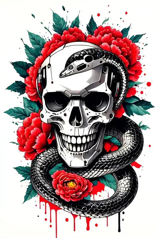 robot skull, snake wraps the skull, in the background leaves and flowers of peonies tattoo design idea