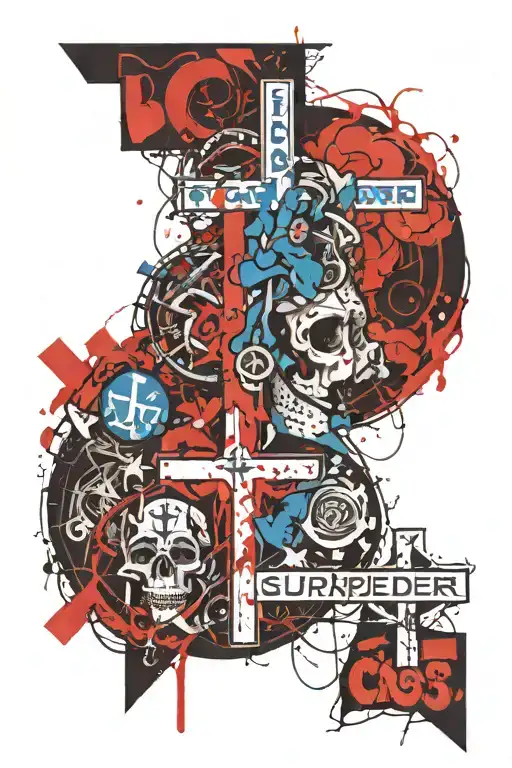 blue cross and words "i can't you can i surrender to you" and st christopher tattoo design idea