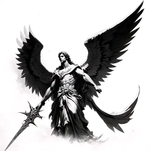 Design Concept:Central Figure: A majestic archangel (possibly Michael) with large, highly detailed wings, wielding a ra tattoo design idea