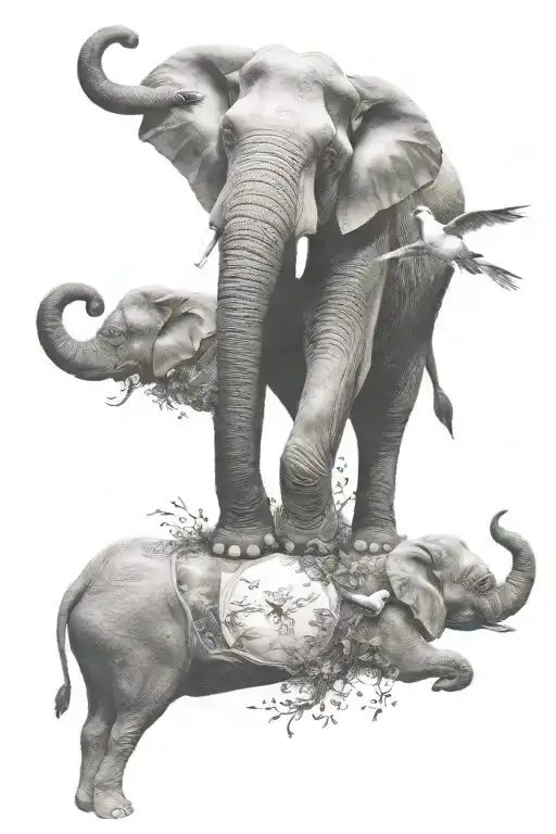 Salvador Dali elephant held up by three little birds flying tattoo design idea