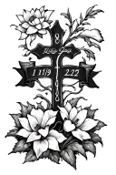 a cross with two banners on it one with the date 1/19/25 and one with the date 2/12/24 and lotuses, white calla Lillie's tattoo design idea