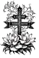 a cross with two banners on it one with the date 1/19/25 and one with the date 2/12/24 and lotuses, white calla Lillie's tattoo design idea