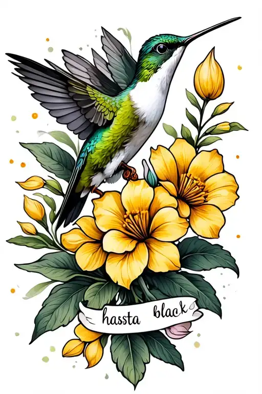 A tattoo that represents my mother. A hummingbird pollinating the flowers of a yellow bell plant with the phrase “hasta  tattoo design idea