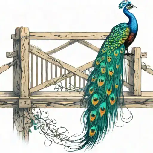 wooden bridge with peacock feather intertwined tattoo design idea