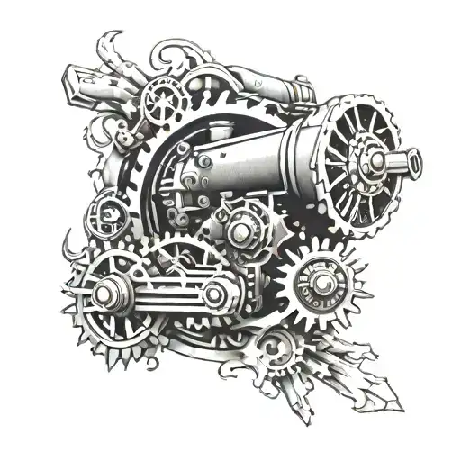 A black-grey tattoo of a roaring engine with flames and gears symbolizing speed and adventure tattoo design idea