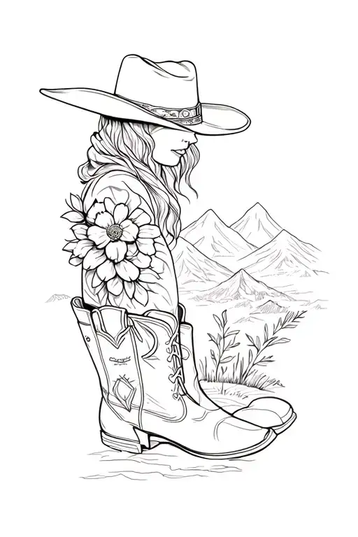 Flower sleeve and mountains and country cowboy hat and boots  tattoo design idea