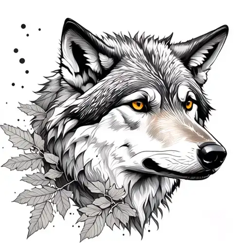 wolf with ash leaves tattoo design idea