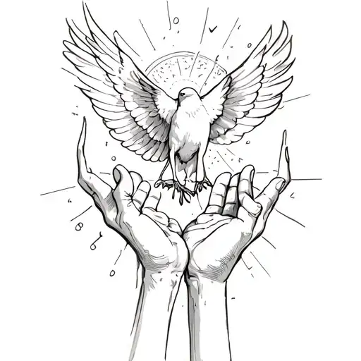 "Tessa 10-06-23 " Open hands with a dove flying out of sunshine tattoo design idea