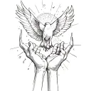 "Tessa 10-06-23 " Open hands with a dove flying out of sunshine tattoo design idea