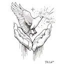 "Tessa 10-06-23 " Open hands with a dove flying out of sunshine tattoo design idea