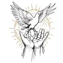"Tessa 10-06-23 " Open hands with a dove flying out of sunshine tattoo design idea