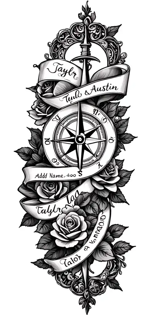 filigree design, compass and roses, in the ribbon: add names Taylor & Austin,  tattoo design idea