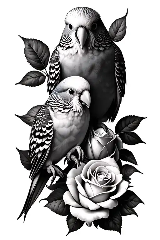 two Budgerigar and roses intertwined tattoo design idea