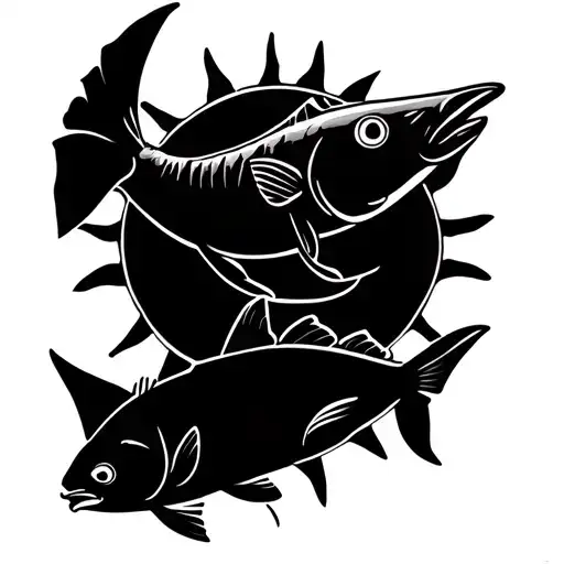 a sun, a fish pointing upwards towards the north, two fish below the first fish facing west and east, one fish facing so tattoo design idea