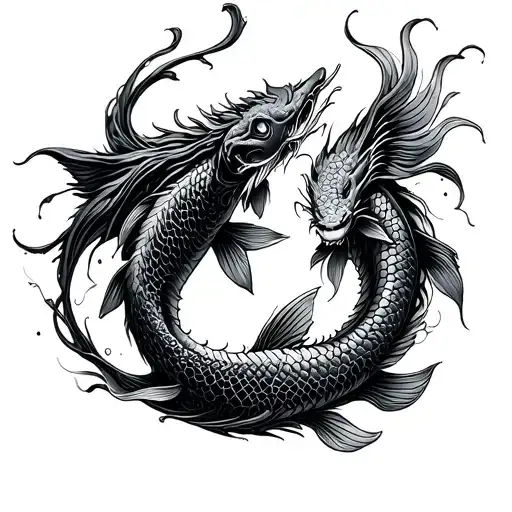 koi fish circling eachother but one is a dragon, fine line style tattoo design idea