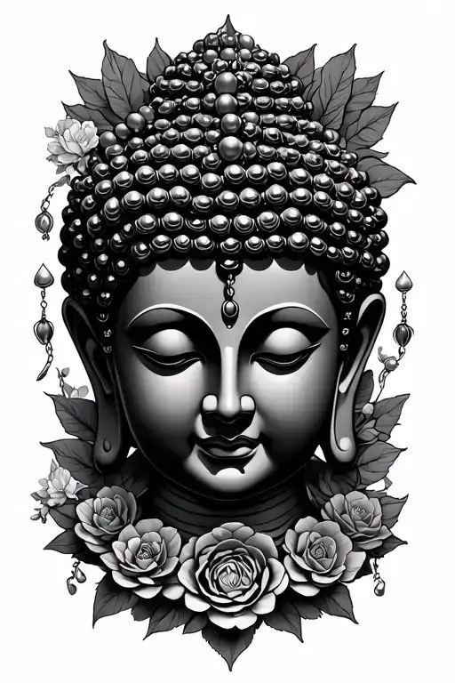 rosary and budda head surrounded tattoo design idea