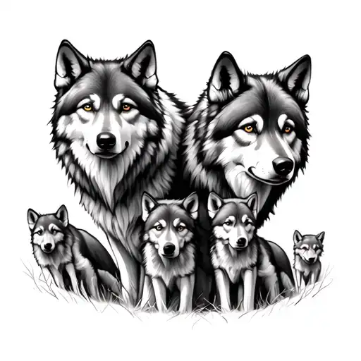 male and female wolf with 3 cubs tattoo design idea
