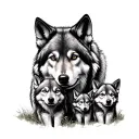 male and female wolf with 3 cubs tattoo design idea