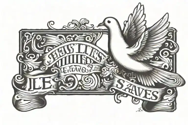 A dove flying and holding a sign that says “jesus saves”. And imagery for the quote, "bring a little bit of heaven down" tattoo design idea