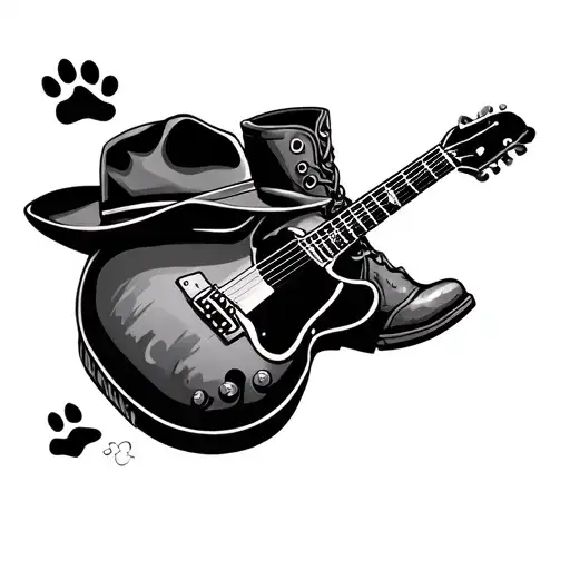 dog paw print surrounded by guitar cowboy hat cowboy boot tattoo design idea