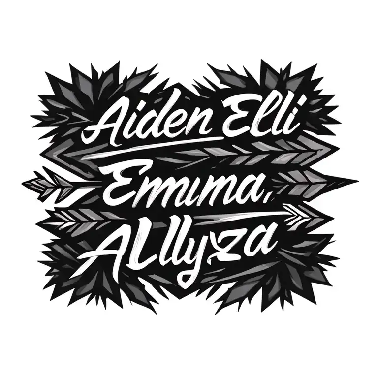 "Aiden Eli Emma Alyza" tribal arrows with names in the shaft tattoo design idea