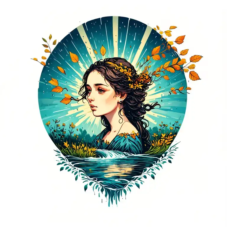 meadow river rain ray of sunshine wind blowing leaves tattoo design idea