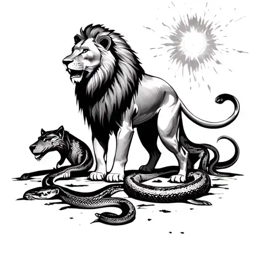 Wounded lion standing with dead snakes and hyenas around him with a glow coming from the sky tattoo design idea