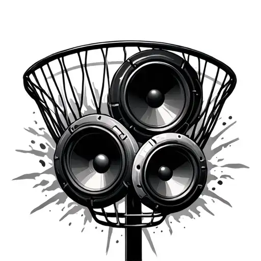 disc golf basket with speakers blasting music waves tattoo design idea