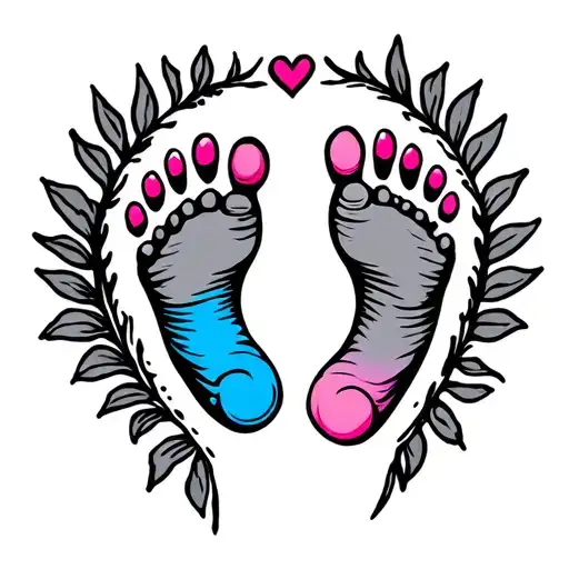 baby foot print, blue and pink heart, halo symbolizing tattoo design idea