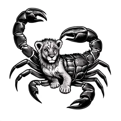 lion cub cradled by scorpion tattoo design idea