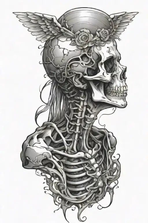 Skeleton looking at the sky from the side, the skeleton is praying. Floating teary eyes of a female are floating around tattoo design idea