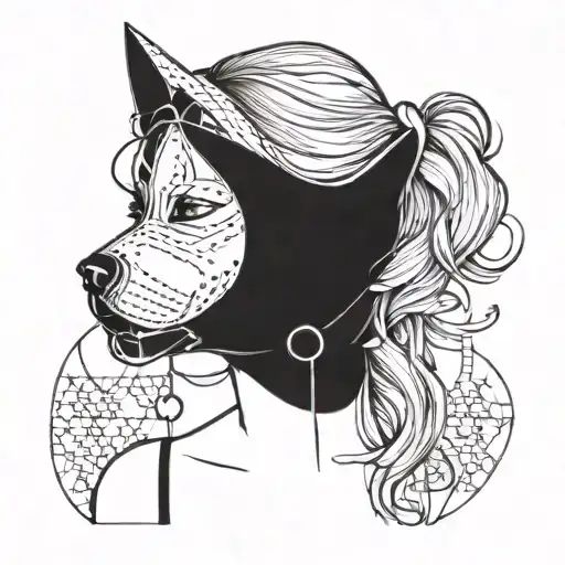 A minimalist blackwork tattoo of a woman wearing a bdsm style dog mask tattoo design idea